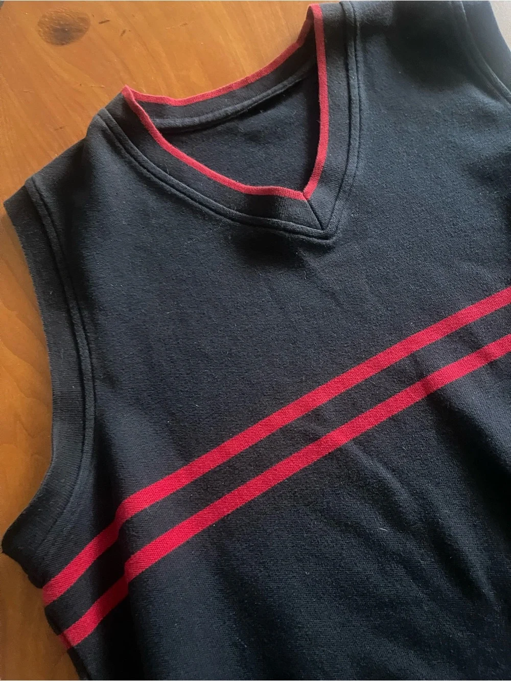 Men's Navy V-Neck Sweater Vest with Red Stripe